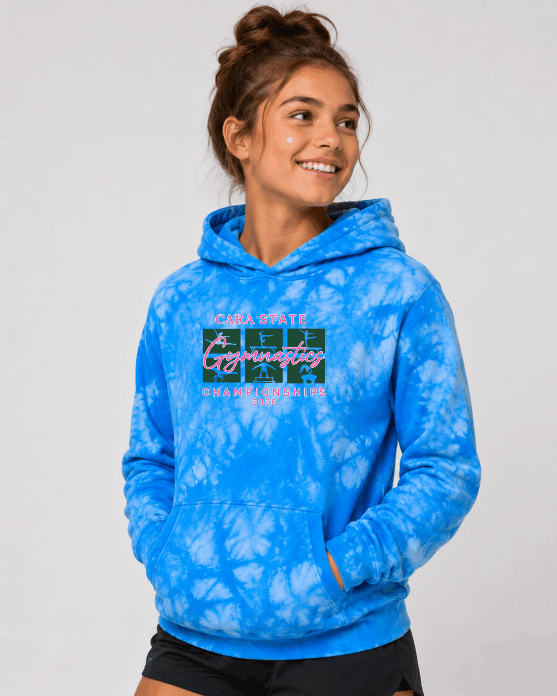 Official 2026 CARA State Tie Dye Gymnastics Hoodie | Championship Event Apparel